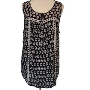 Lucky Brand Peasant Tank Womens Large Black White Paisley Mixed Print Boho Top